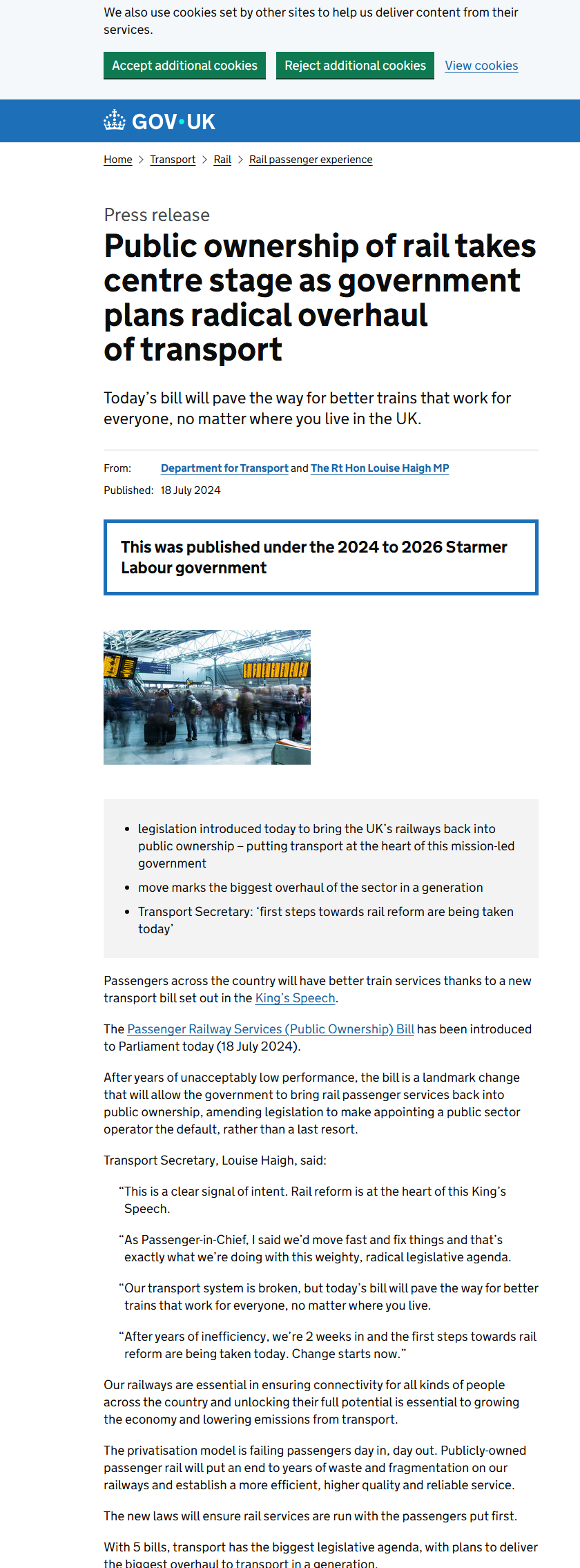 Official UK government press release showing its main heading and quotation.