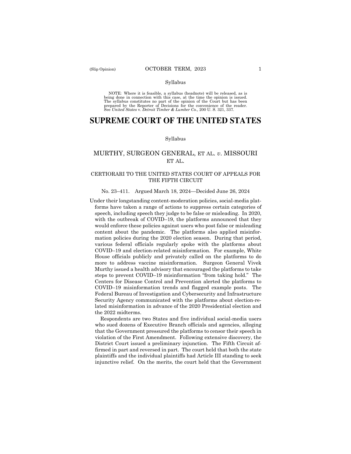 First page of the U.S. Supreme Court syllabus in Murthy v. Missouri.