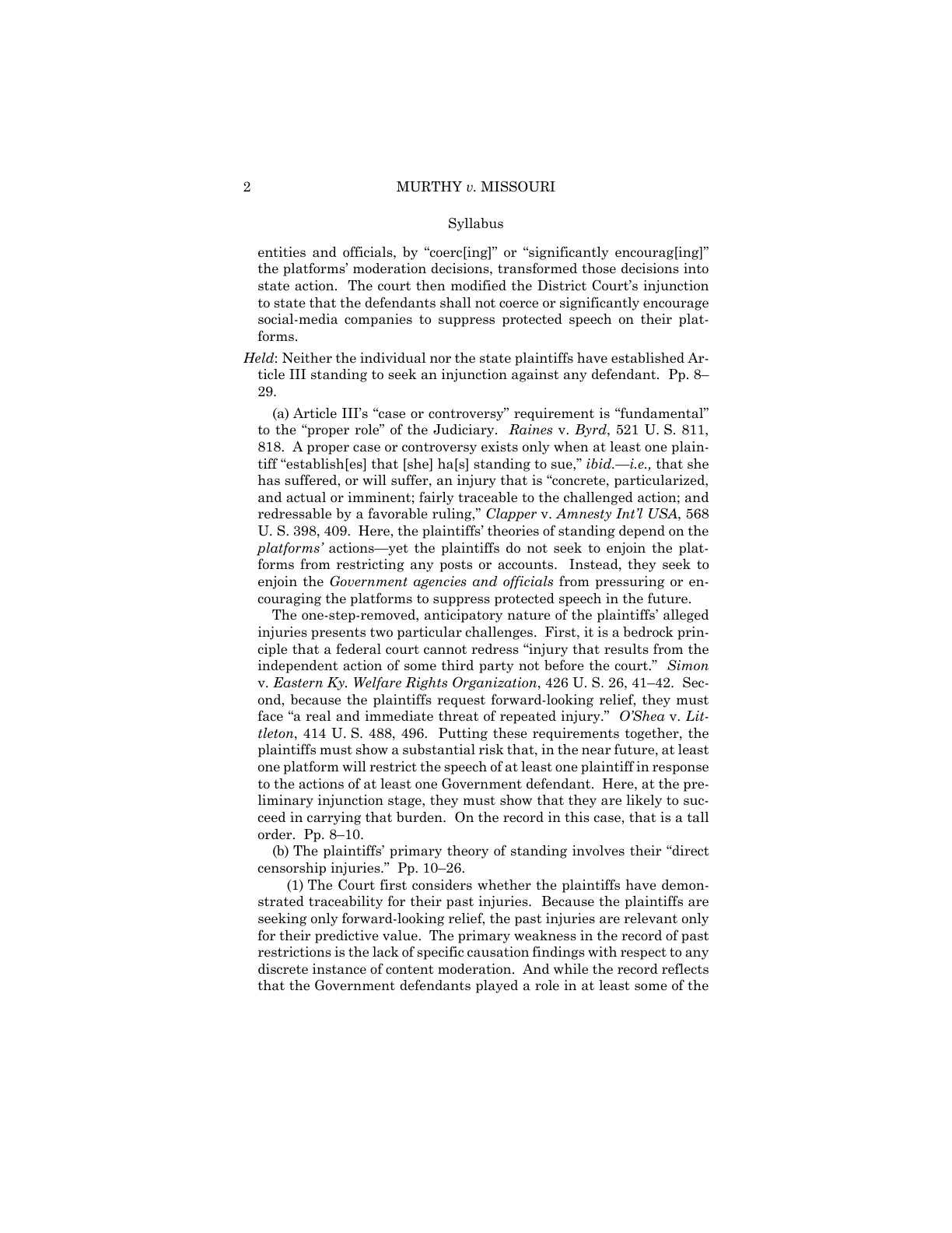 Second page of the U.S. Supreme Court syllabus in Murthy v. Missouri.