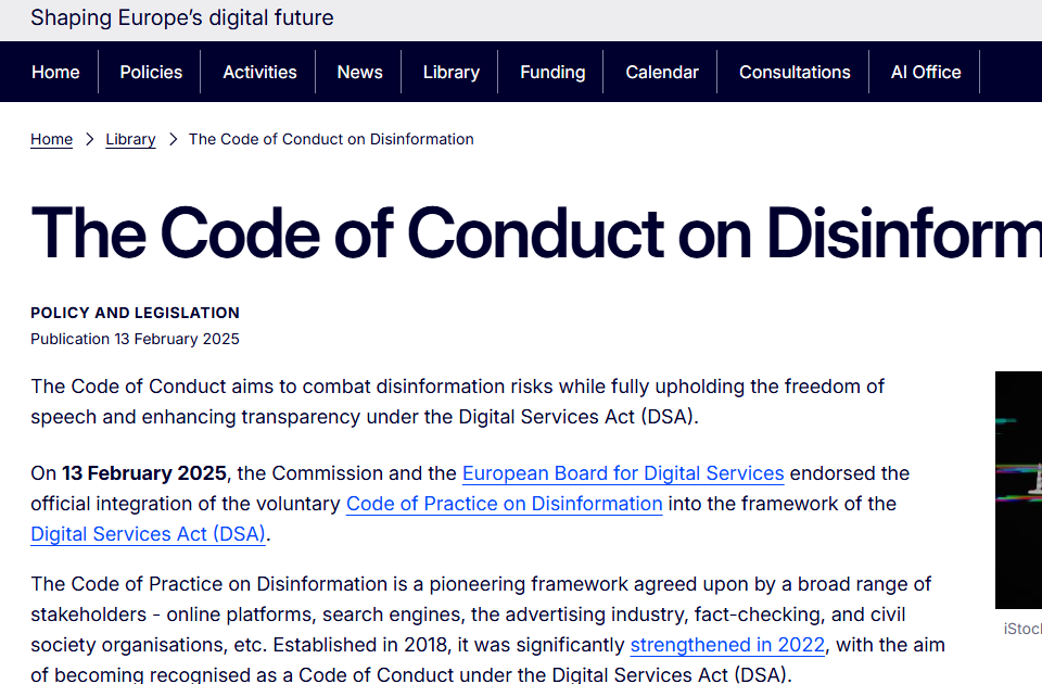 European Commission page on the Code of Conduct on Disinformation and its relationship with the DSA.