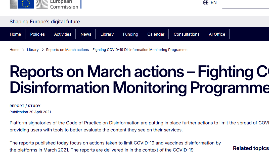 European Commission page on the COVID-era monitoring programme for platform action against disinformation.