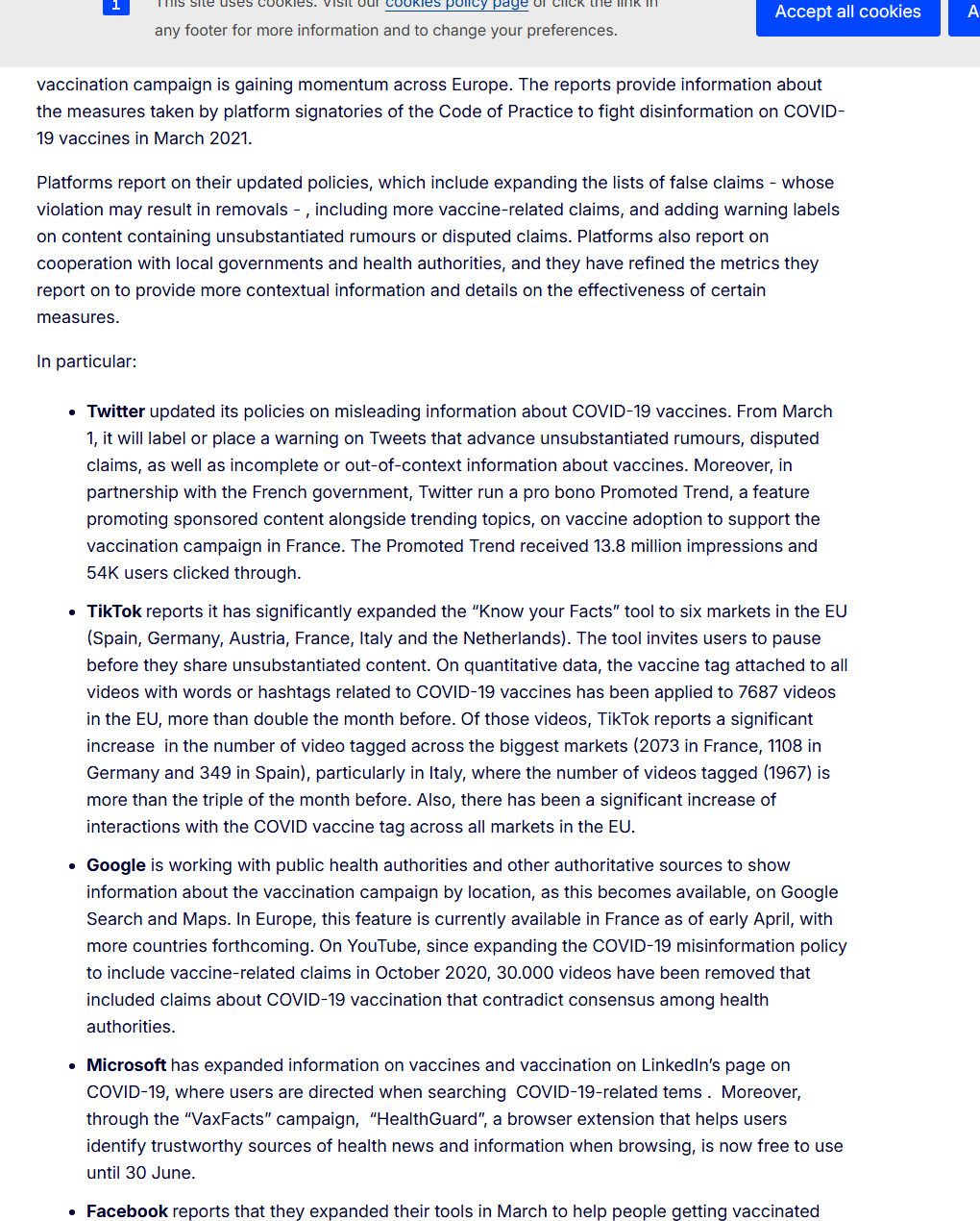 Section of the European Commission page describing platform actions against disinformation.