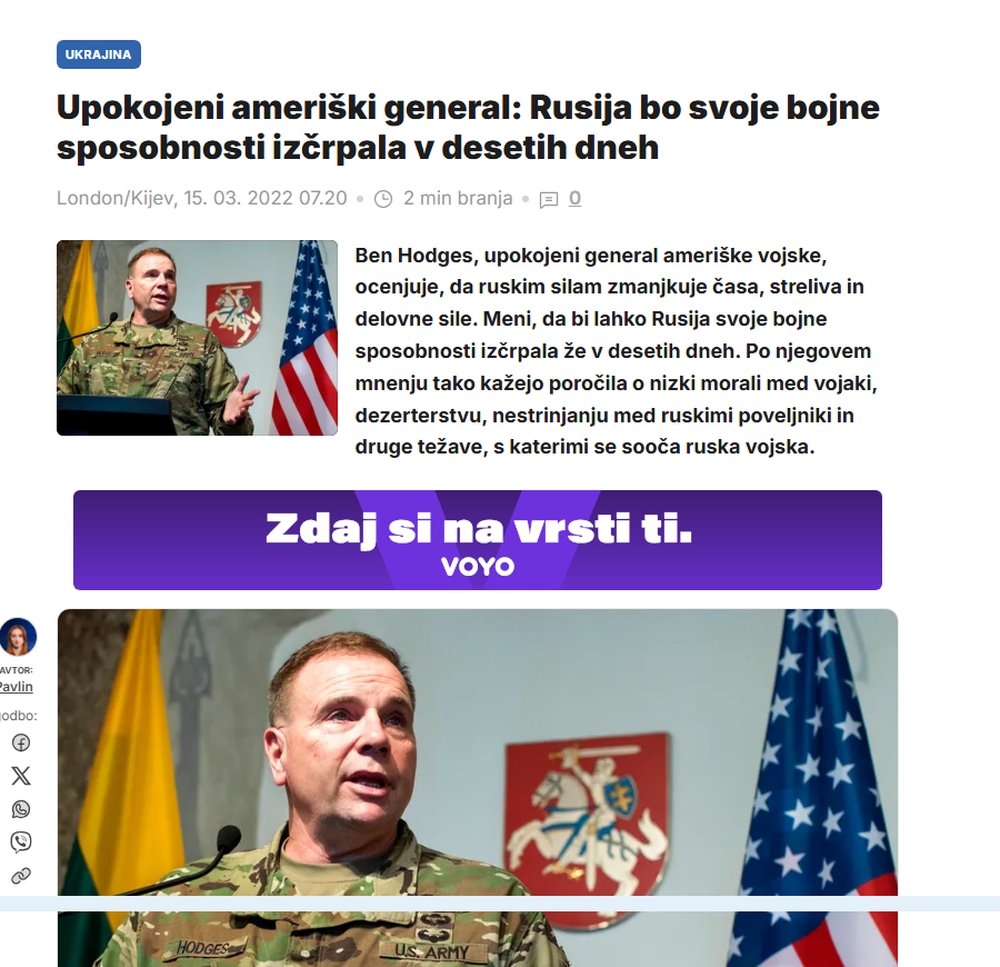 Posnetek naslova 24UR z napovedjo Bena Hodgesa o poteku vojne.