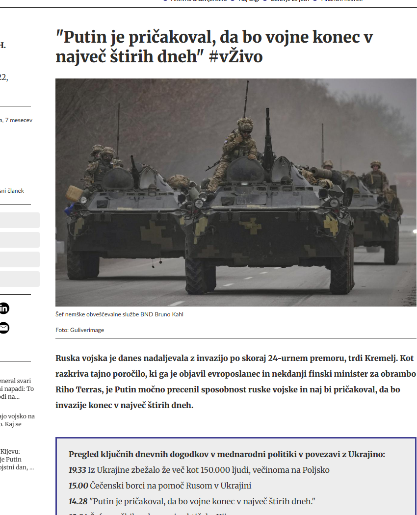 Posnetek naslova Siol o domnevnem pričakovanju hitre ruske zmage.