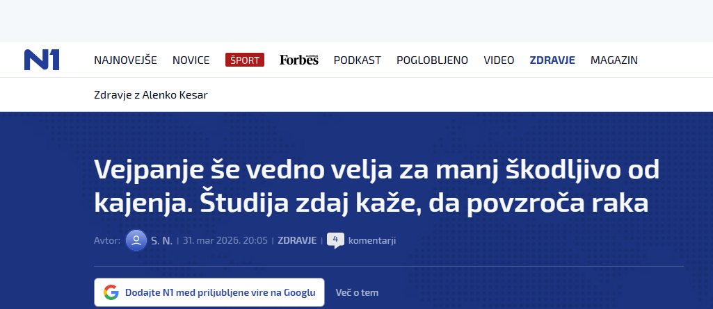N1 headline, publication date, and outlet identity for the article on vaping and cancer.