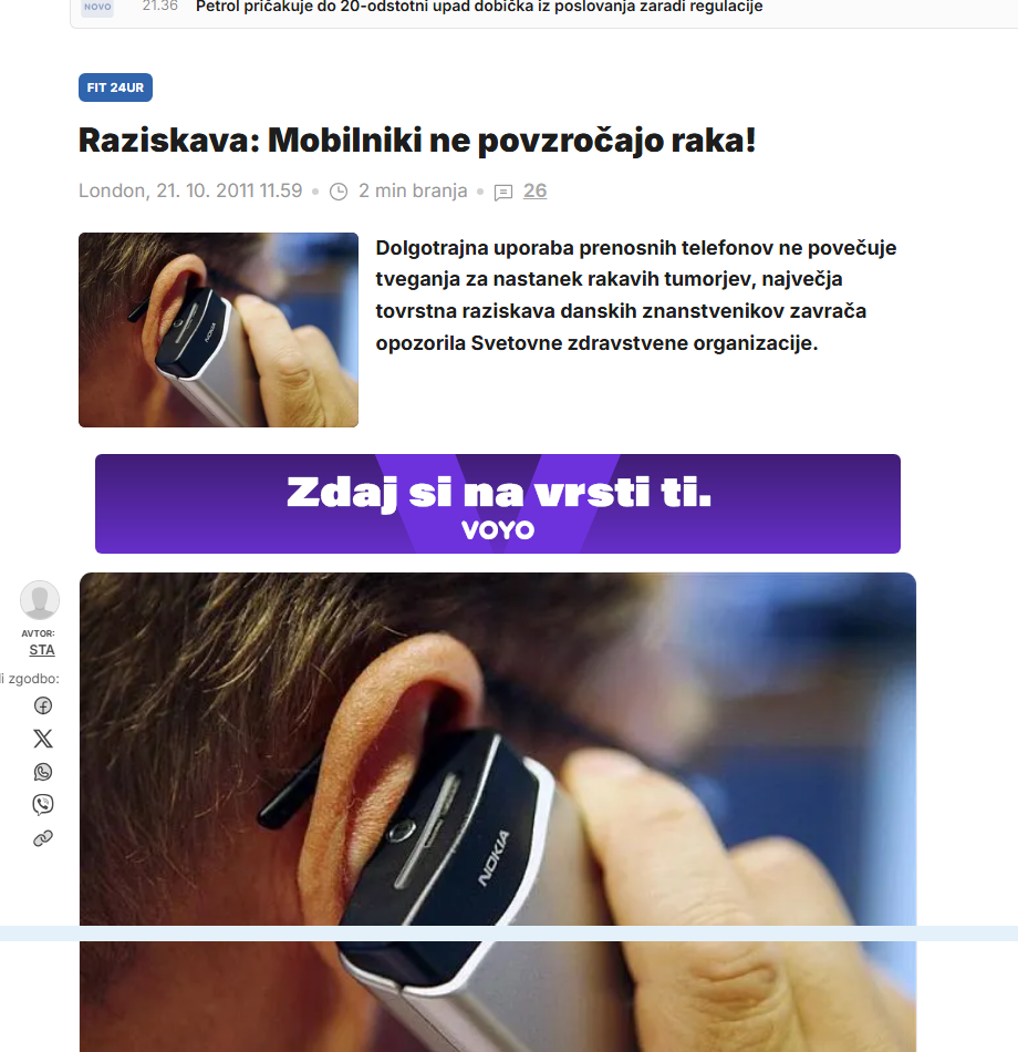 24UR categorical headline about mobile phones and cancer.