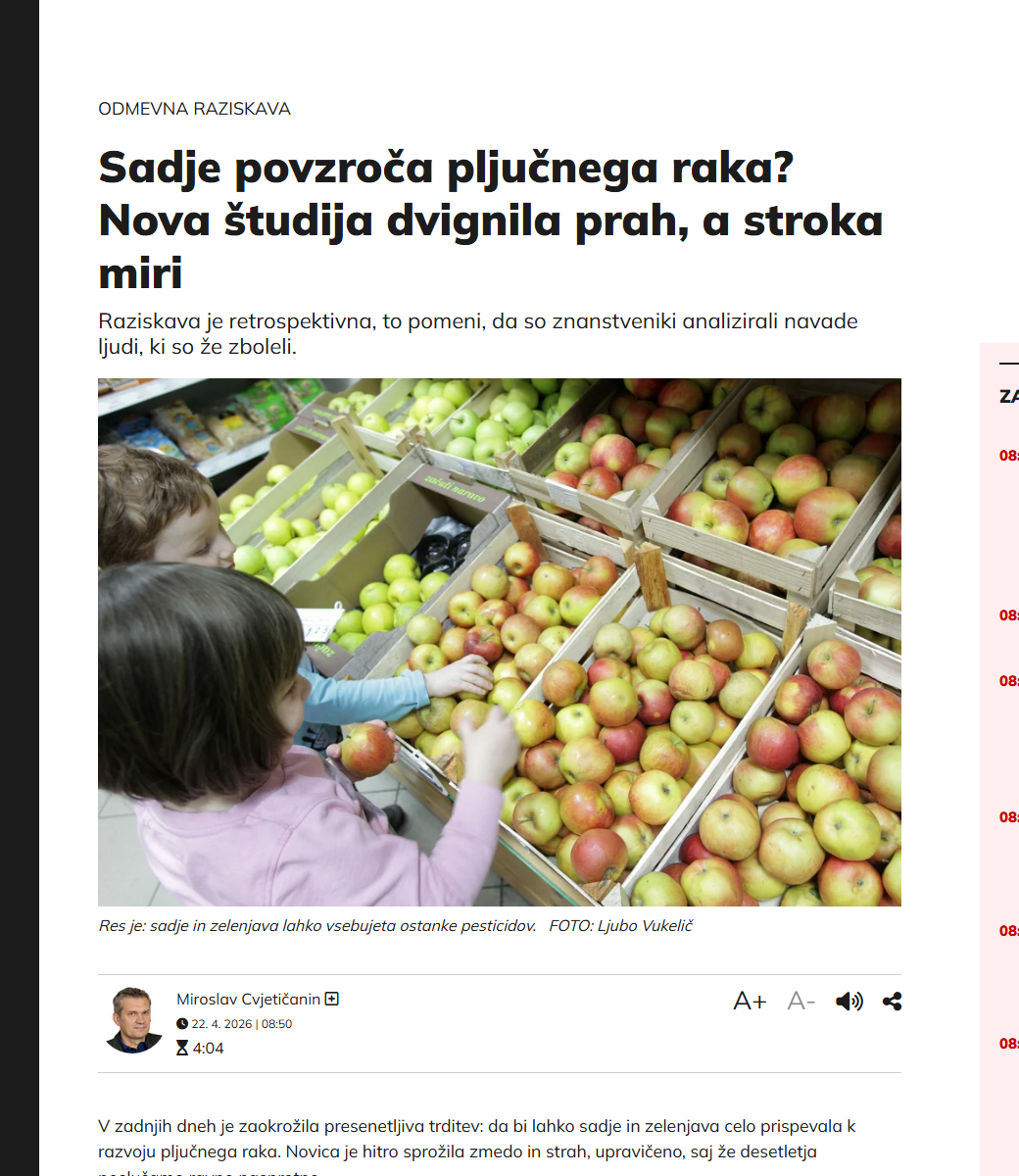 Slovenske novice question headline about fruit and lung cancer.