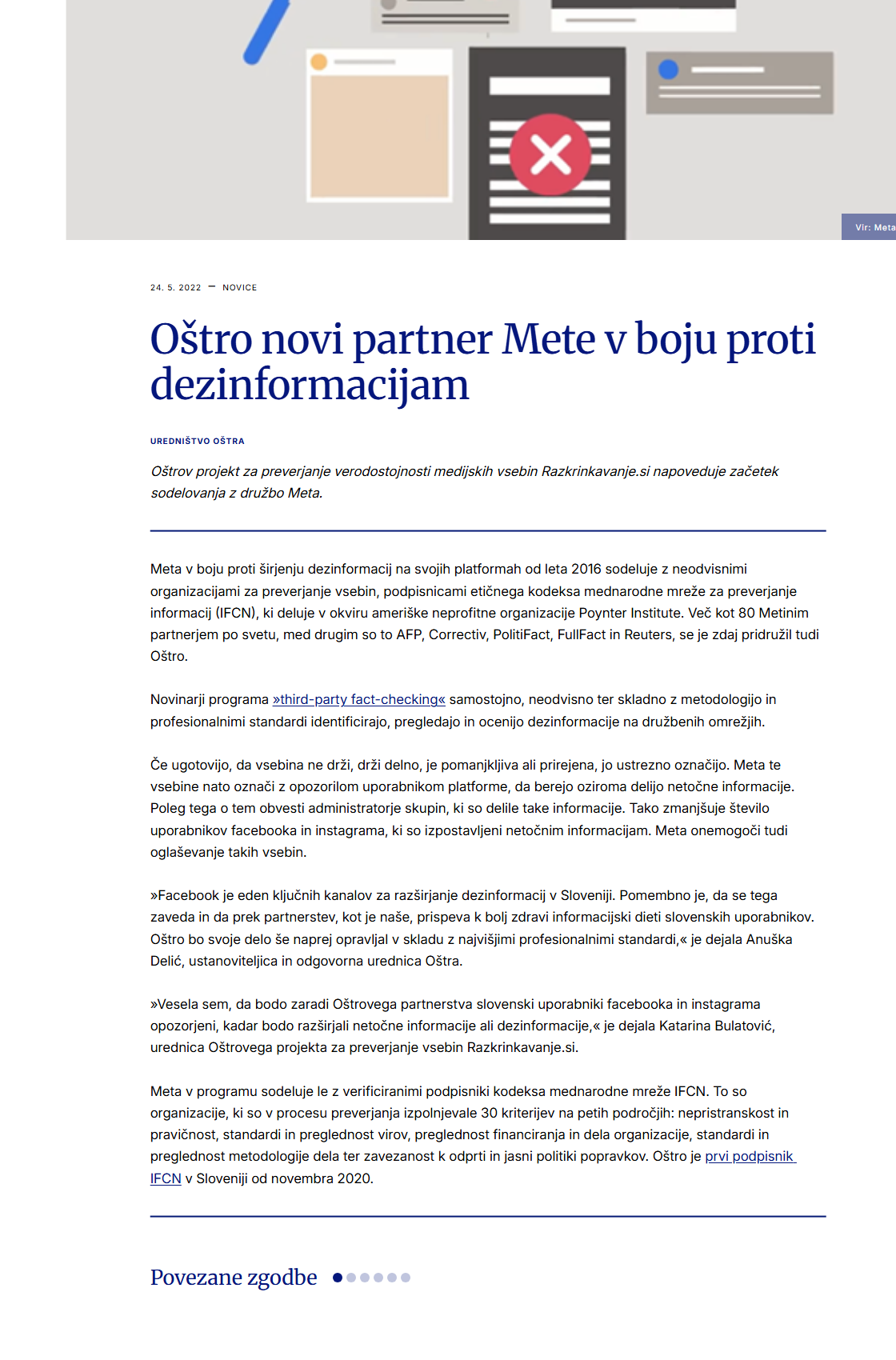 Oštro announcement that Razkrinkavanje joined Meta's fact-checking programme.