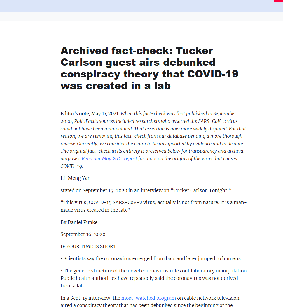PolitiFact note showing its rating of a claim about the origin of COVID-19.