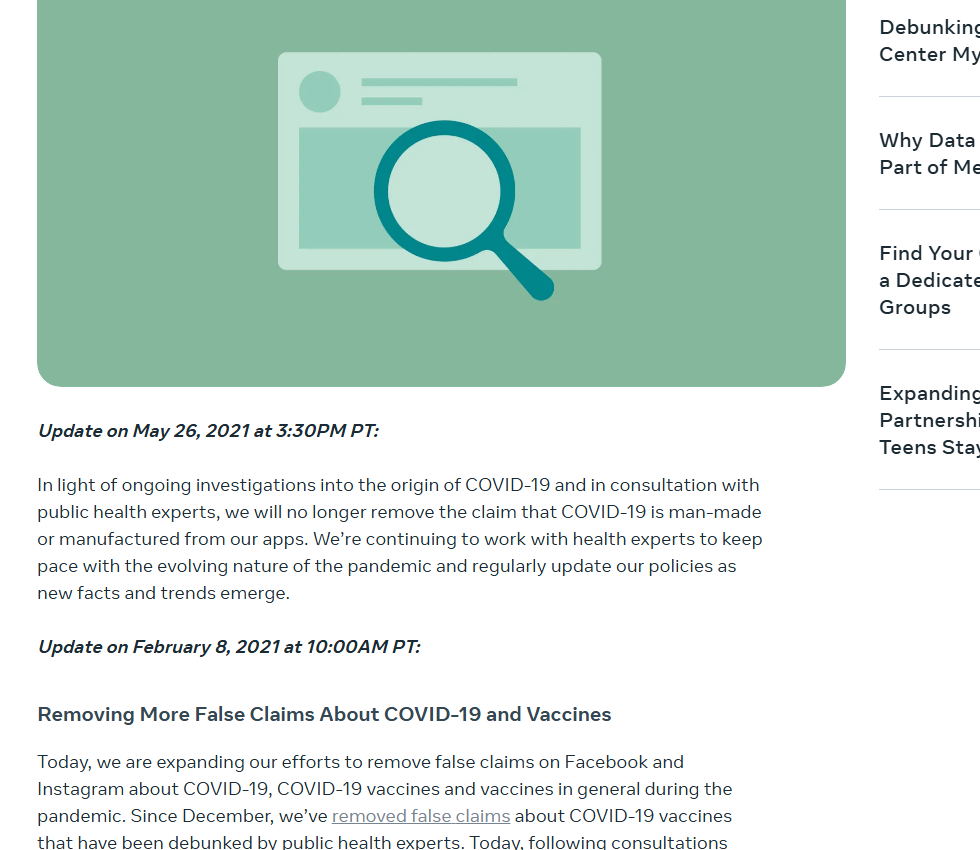 Meta's later policy change concerning claims about the origin of COVID-19.