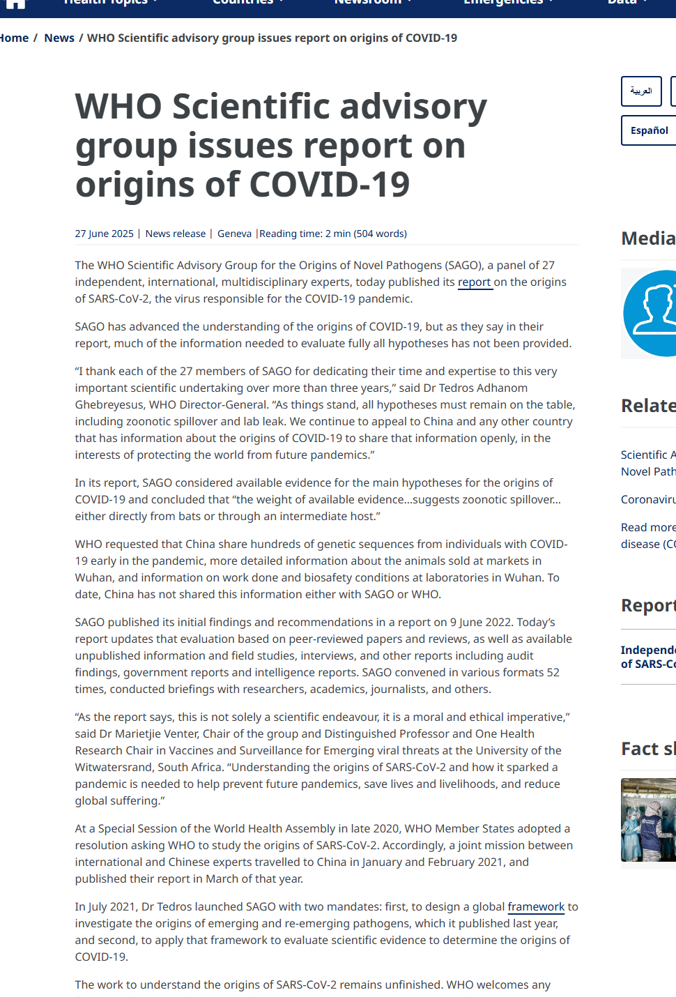Official WHO/SAGO release concerning the assessment of the origin of SARS-CoV-2.