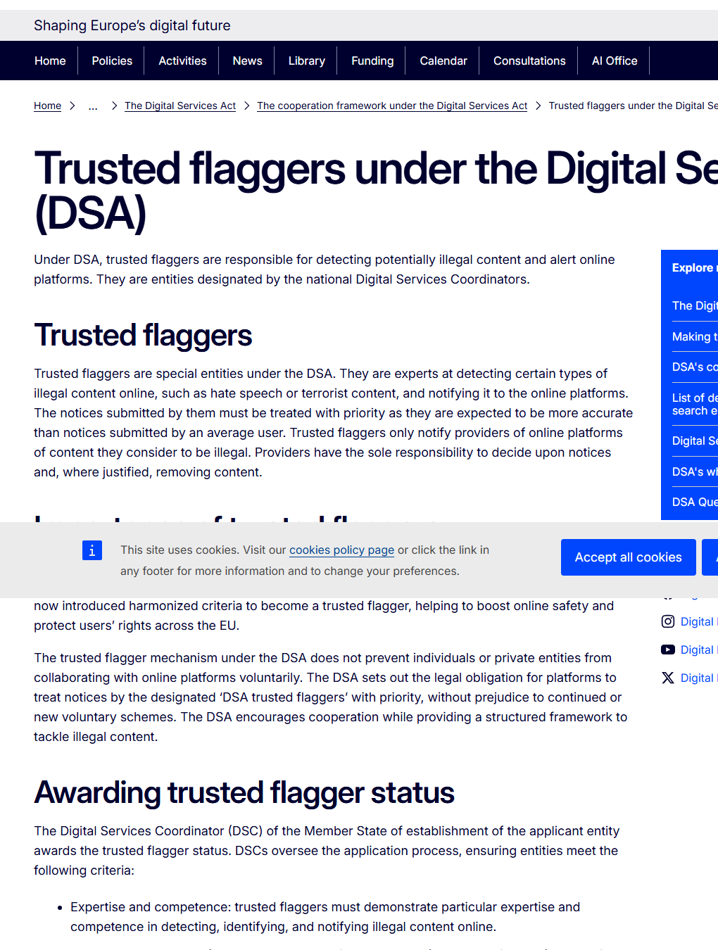 European Commission page describing the role of trusted flaggers under the DSA.