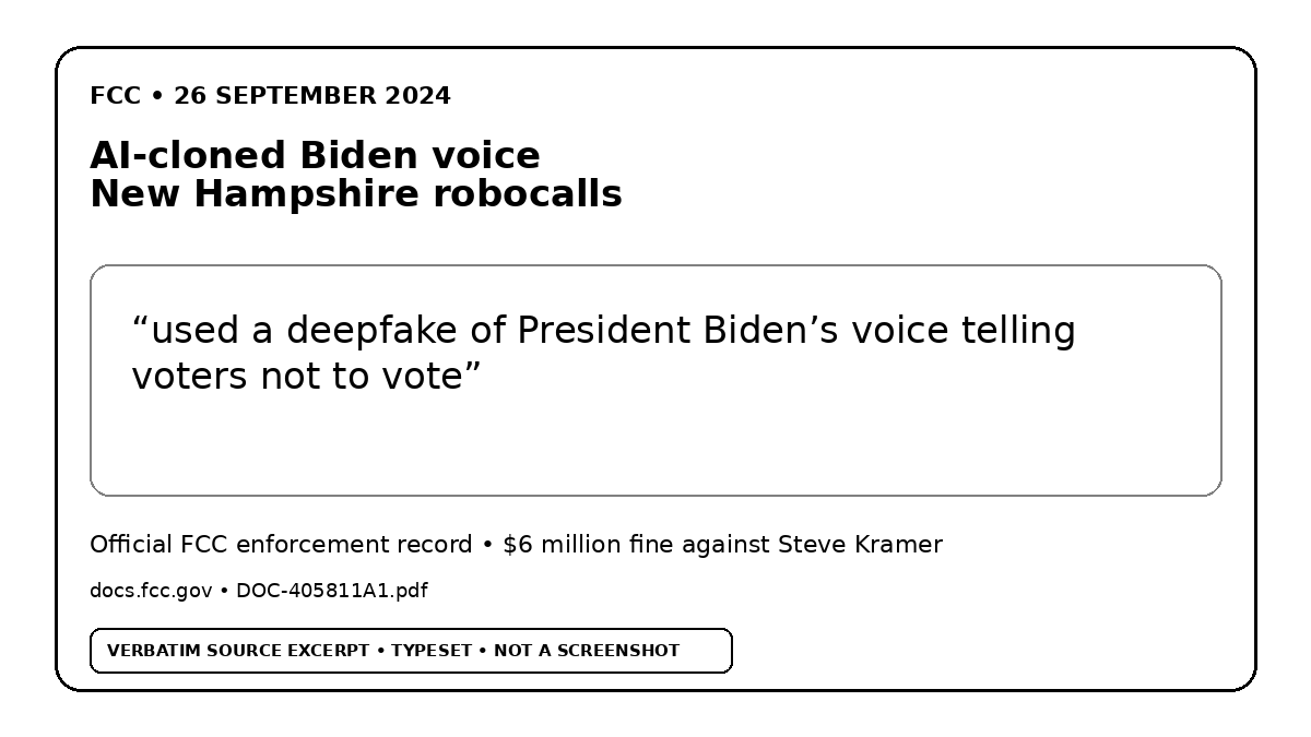Typeset brief excerpt from an FCC release about a six-million-dollar forfeiture imposed on Steve Kramer over illegal AI-cloned Biden-voice robocalls; not a screenshot.