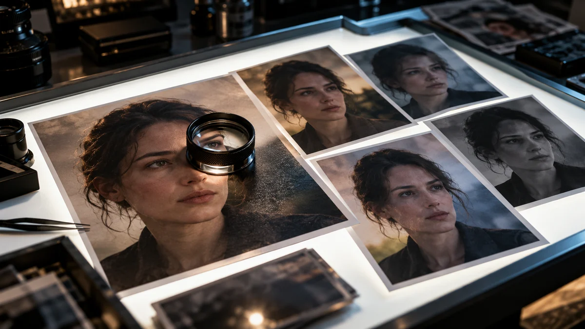 Na osvetljeni fotografski pregledni mizi leži portret izmišljene osebe, iz katerega nastaja več skoraj enakih fotografskih različic, medtem ko lupa ponazarja preverjanje njihovega izvora.