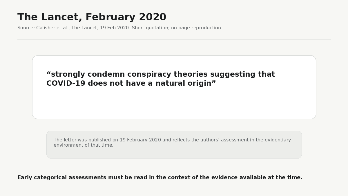 In February 2020, a group of scientists writing in The Lancet strongly rejected claims that COVID-19 did not have a natural origin. Later debate illustrates why early assessments must be read in the context of the evidence available at the time.