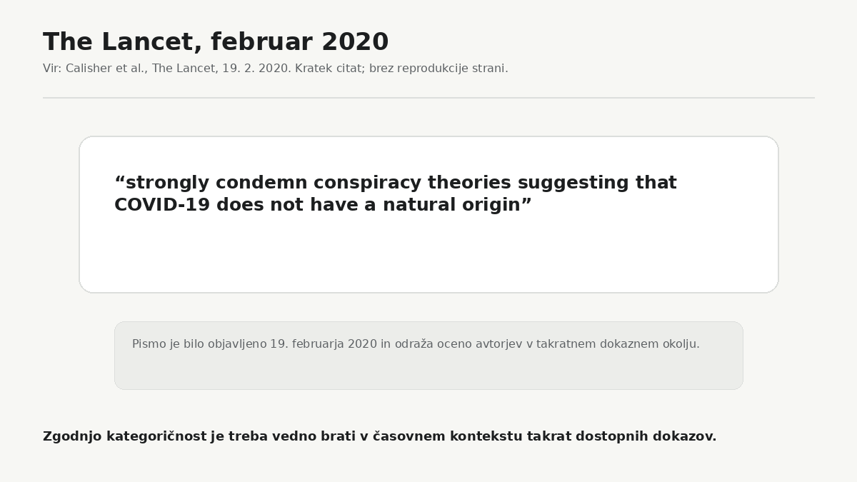 Februarja 2020 je skupina znanstvenikov v pismu reviji The Lancet ostro zavrnila trditve, da COVID-19 nima naravnega izvora. Poznejše razprave so pokazale, zakaj je treba zgodnje ocene vedno brati v časovnem kontekstu razpoložljivih dokazov.