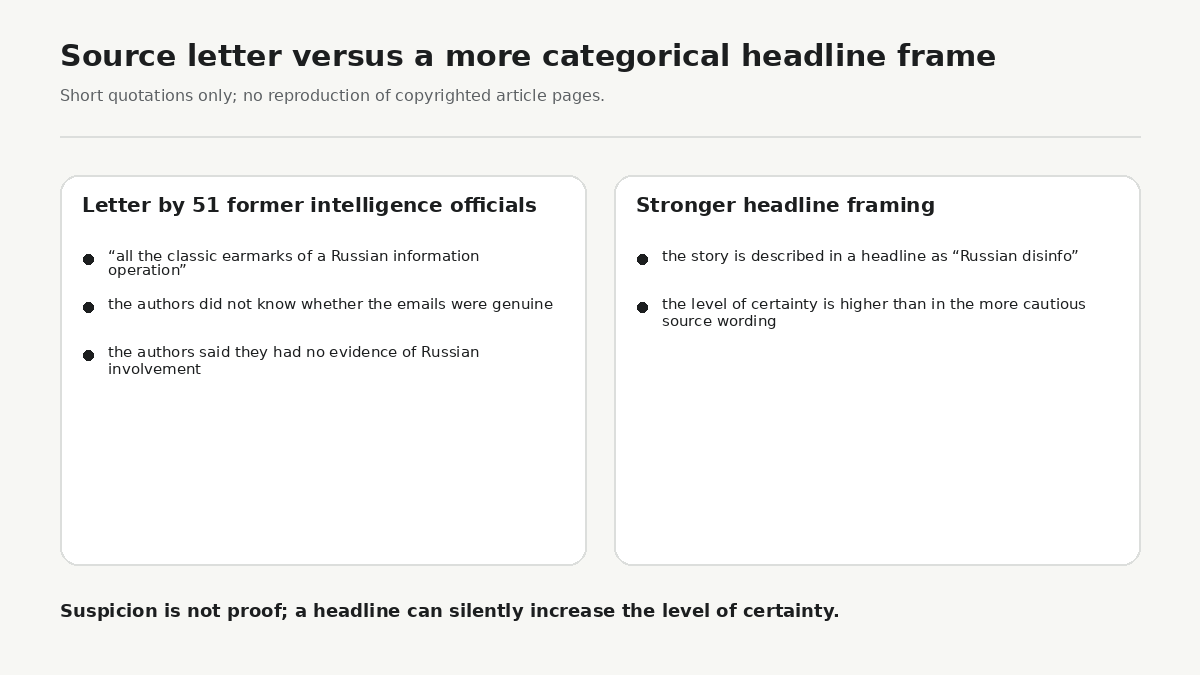 The former intelligence officials’ letter said the material had characteristics associated with a Russian information operation while also acknowledging that the authors had no evidence of Russian involvement. Some headlines compressed that caution into a more categorical claim.