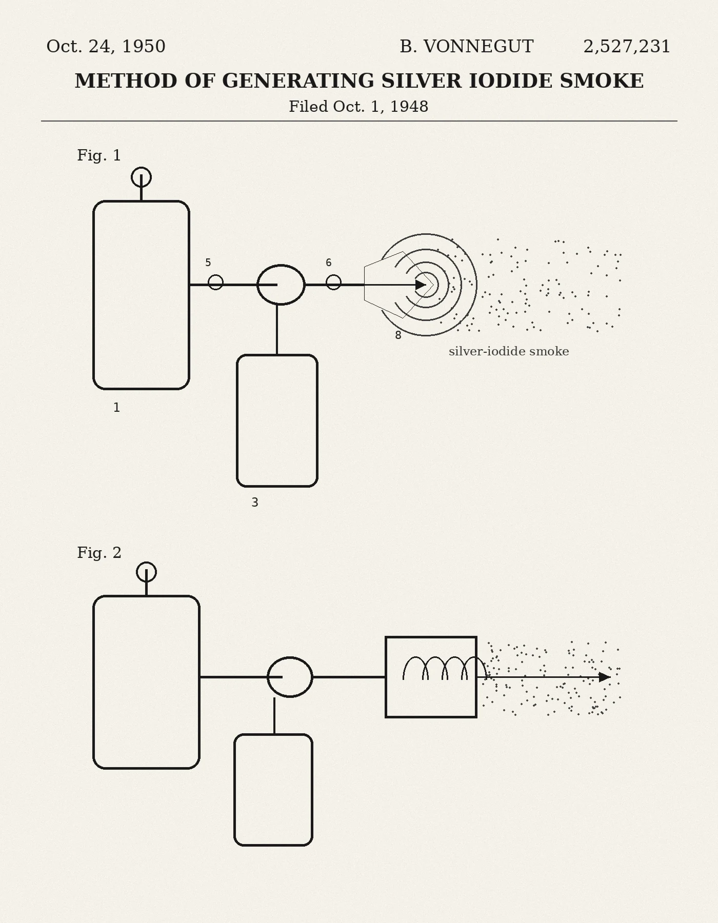 Diagrammatic facsimile of U.S. Patent 2,527,231 by Bernard Vonnegut, showing two apparatus schematics for generating fine silver-iodide particles.