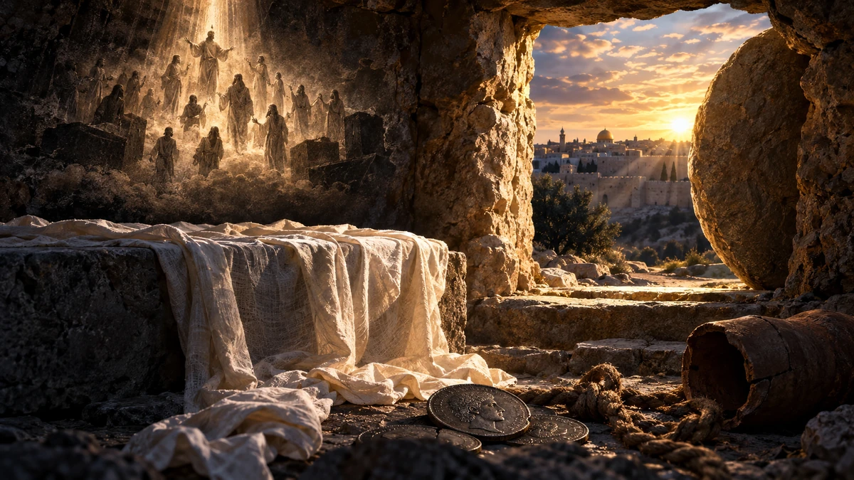 A symbolic illustration of an open rock-cut tomb with distant figures, silver coins, rope and a broken vessel.