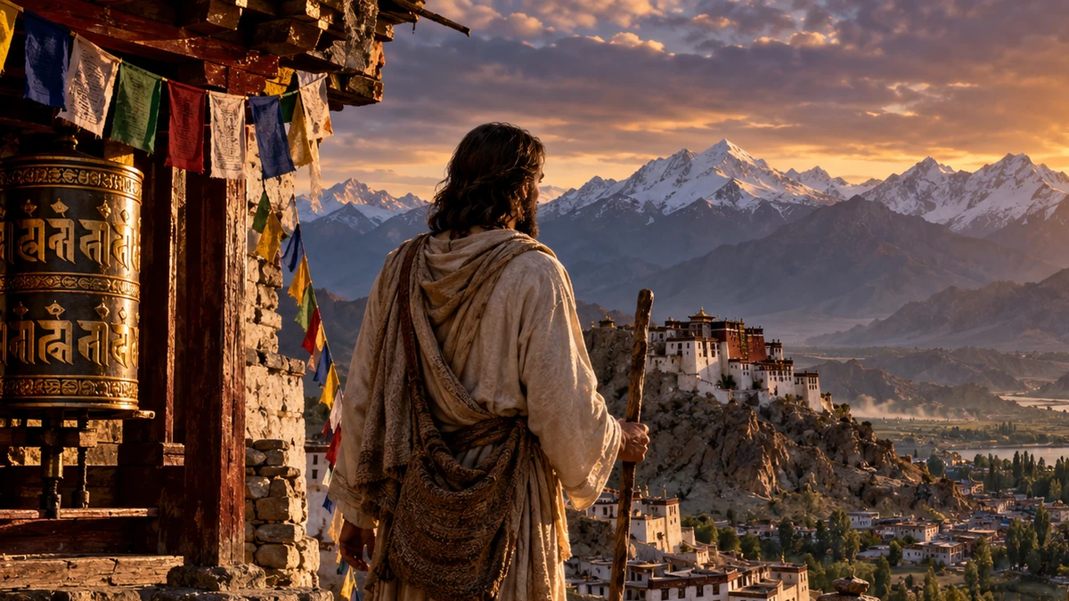 A symbolic illustration of a robed traveller before a Himalayan landscape and monastery, representing later stories of a journey from Palestine toward India.