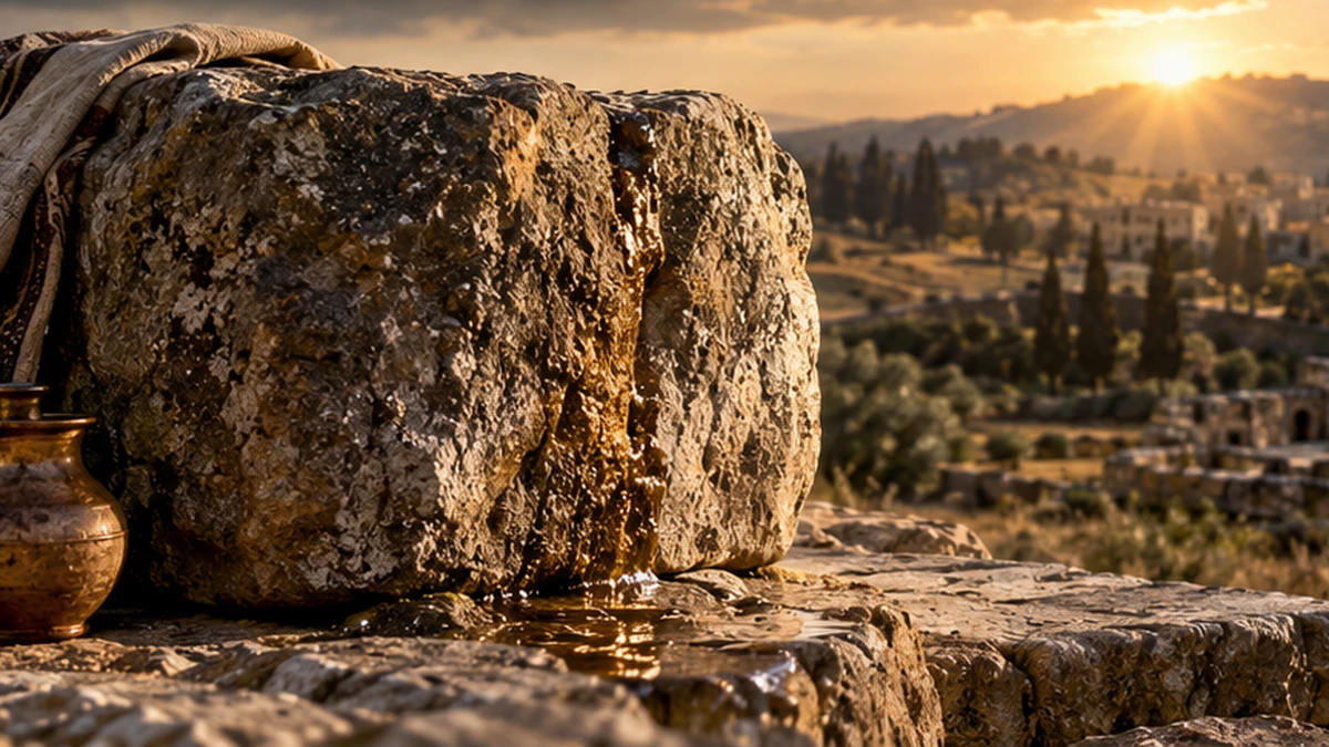 A symbolic illustration of a large stone, an oil vessel, and an ancient landscape representing the story of Jacob’s stone and the sacred place of Bethel.