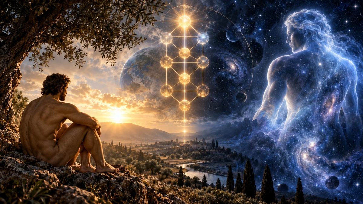 A symbolic illustration of an earthly human and a cosmic human figure beside the Tree of Life, representing distinct historical layers behind Adam ha-Rishon and Adam Kadmon.