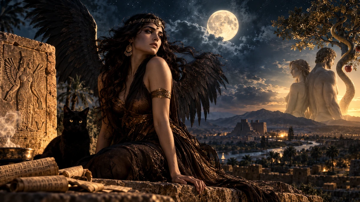 A symbolic night scene combining a female figure, an ancient Near Eastern relief motif, and a later Adam-and-Eve setting to represent distinct historical layers in the development of Lilith.
