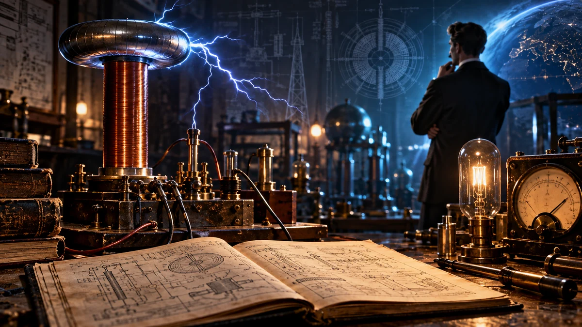 A symbolic laboratory illustration of an experimental electrical device, coils, meters, and technical plans, representing the need to measure the full energy input and output.