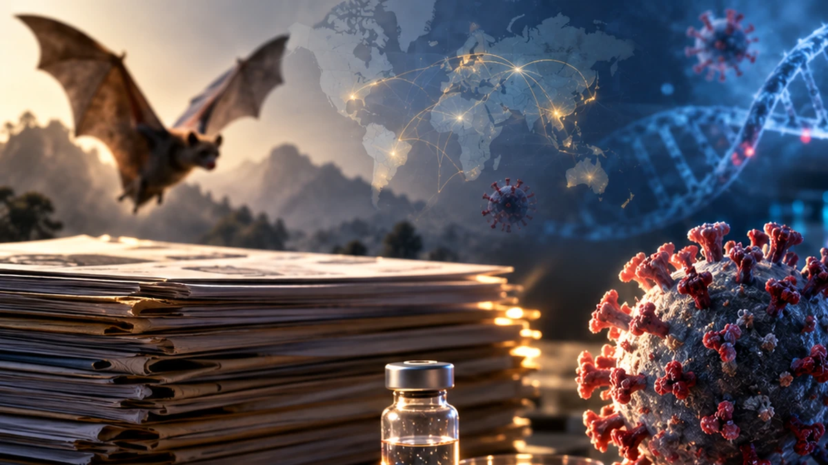 A symbolic laboratory illustration of coronavirus research, molecular models, samples, and research infrastructure, representing examination of the documented research trail.