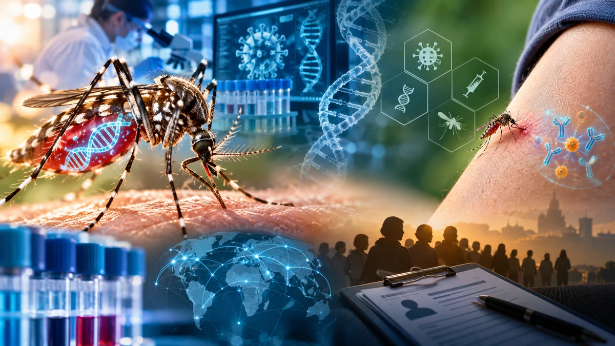 A symbolic laboratory illustration of genetically modified mosquitoes, molecular research, a mosquito bite, and immune response, representing the technical and ethical layers of the research.