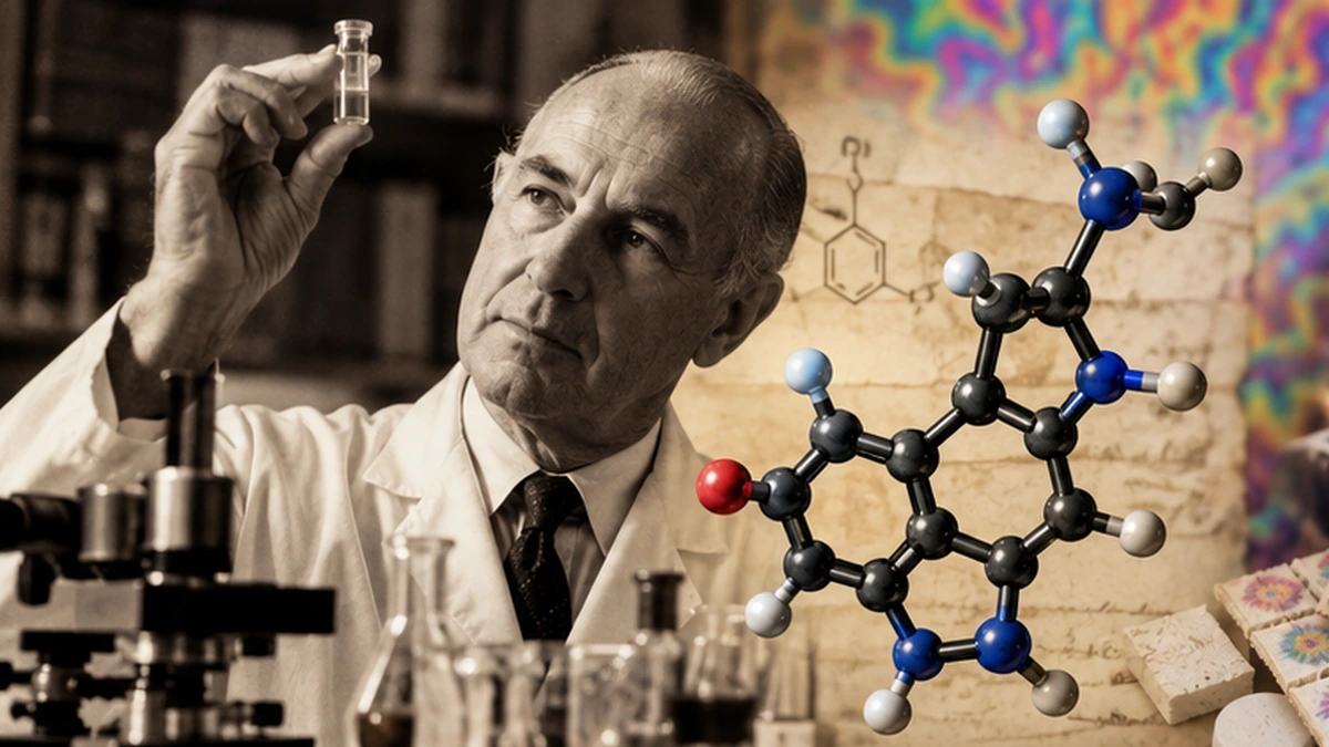 A symbolic historical-scientific illustration of LSD laboratory research, a molecular model, and a transition into psychedelic visual experience.