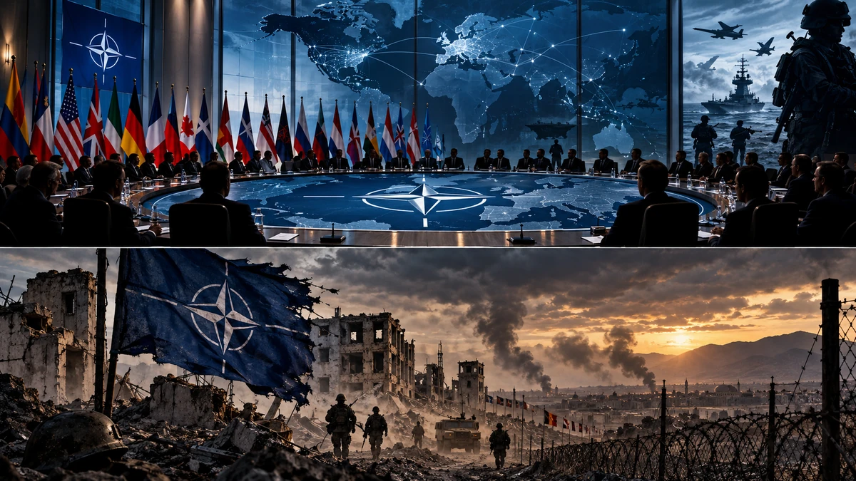 A symbolic editorial illustration of allied political decision-making, global military power projection, and the consequences of armed conflict.