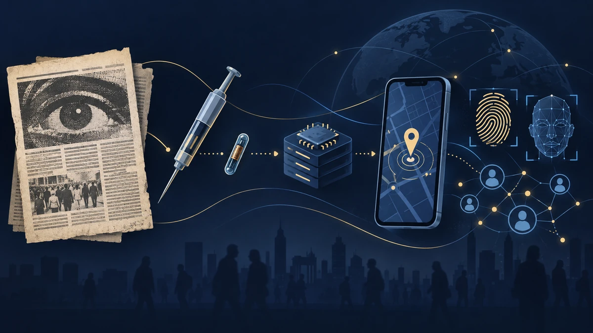 A symbolic editorial illustration connecting a newspaper clipping, an injectable identification transponder, an external database, a smartphone, and biometric recognition.