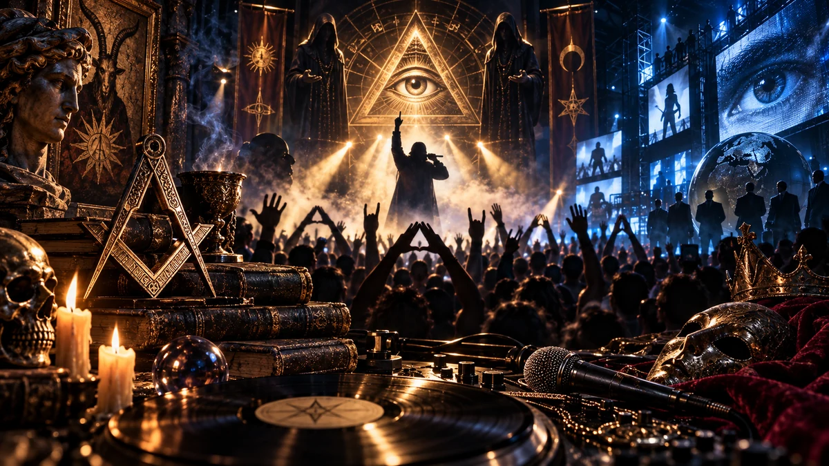 Symbolic concert illustration combining ritual aesthetics, crowd hand gestures, an eye in a triangle, Masonic-like geometry, and a media-industry setting.