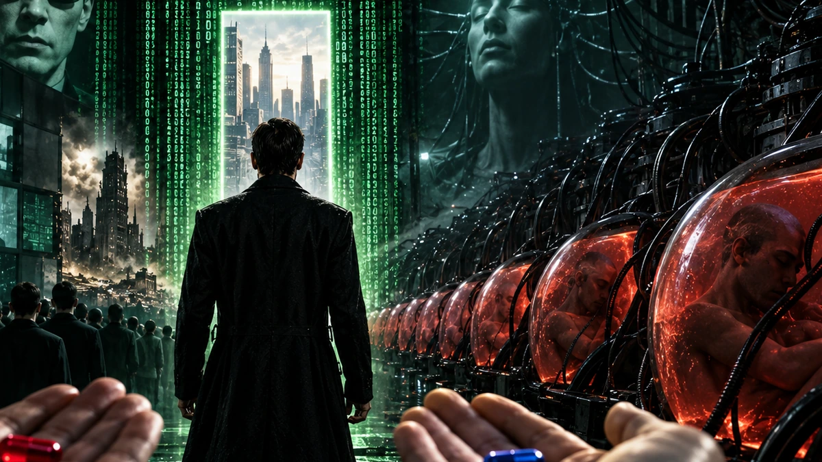 Symbolic editorial illustration of a person before a digital passage, a crowd, pods holding sleeping people, green code, and red-blue choice imagery.