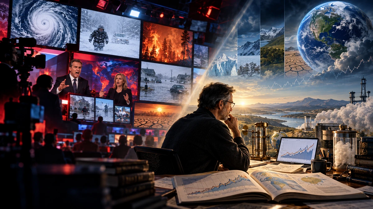 Symbolic editorial illustration contrasting a sensational television newsroom with a researcher analysing climate data.