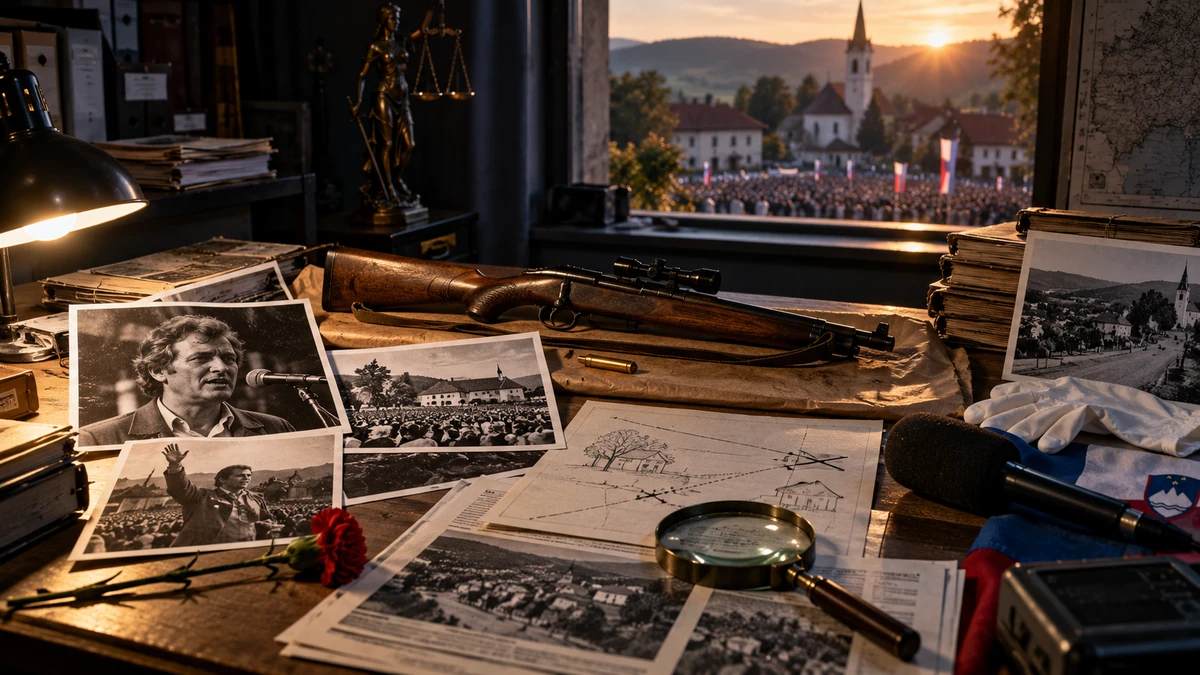 Symbolic editorial illustration of an investigation table with a hunting rifle, map, archival rally photographs and forensic material.