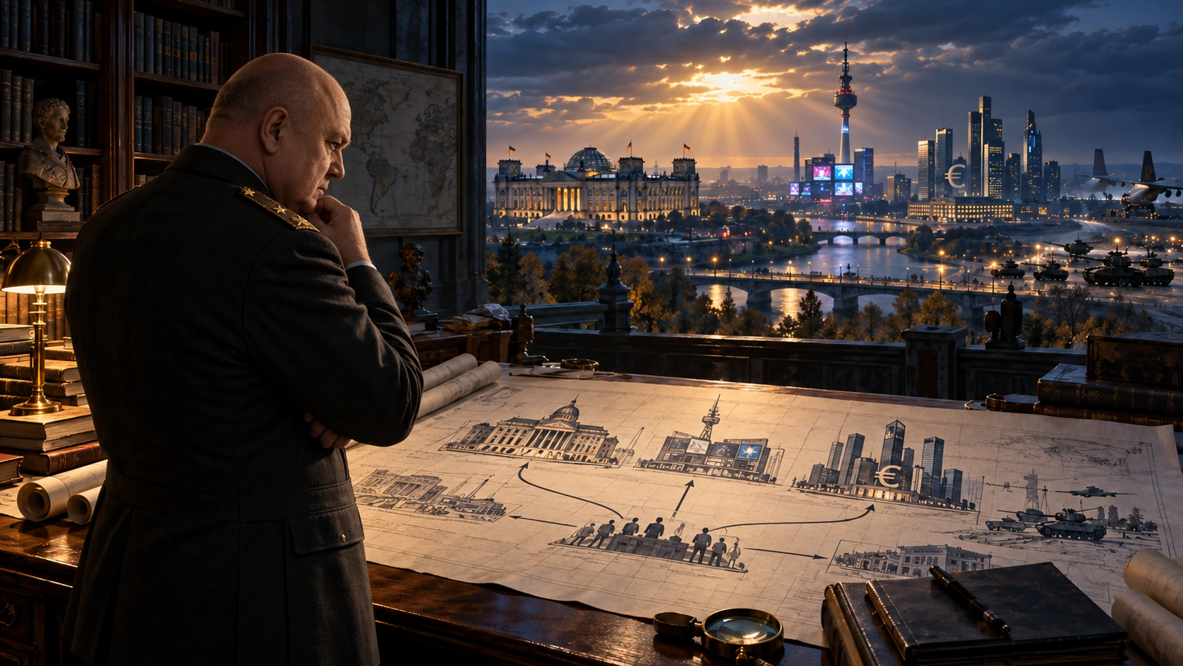 A symbolic editorial illustration of General Petrov reflecting over a strategic blueprint and the relationship between concept, institutions, media, economy, and force.