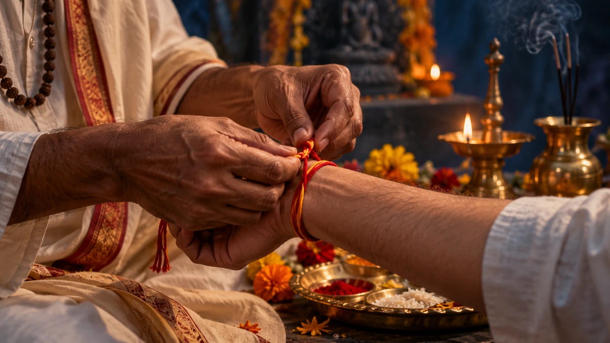 Close-up hands during Hindu pūjā tying a red-and-yellow kalava around a wrist, beside a diya, rice, flowers and other ritual objects.