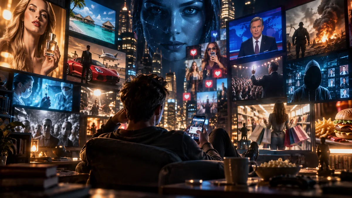 A person faces many screens showing advertising, news, politics, war, shopping and social media while holding a phone.