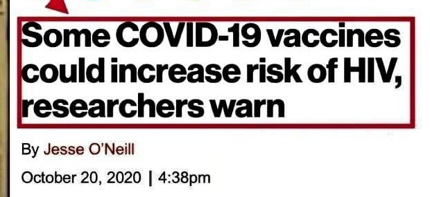 Excerpt of the New York Post article dated 20 October 2020 headed Some COVID-19 vaccines could increase risk of HIV, researchers warn.
