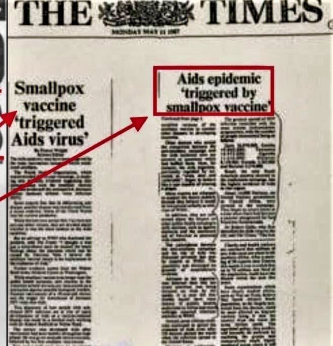 Scan of the 11 May 1987 Times article headed Smallpox vaccine triggered Aids virus, with the continuation of the story.