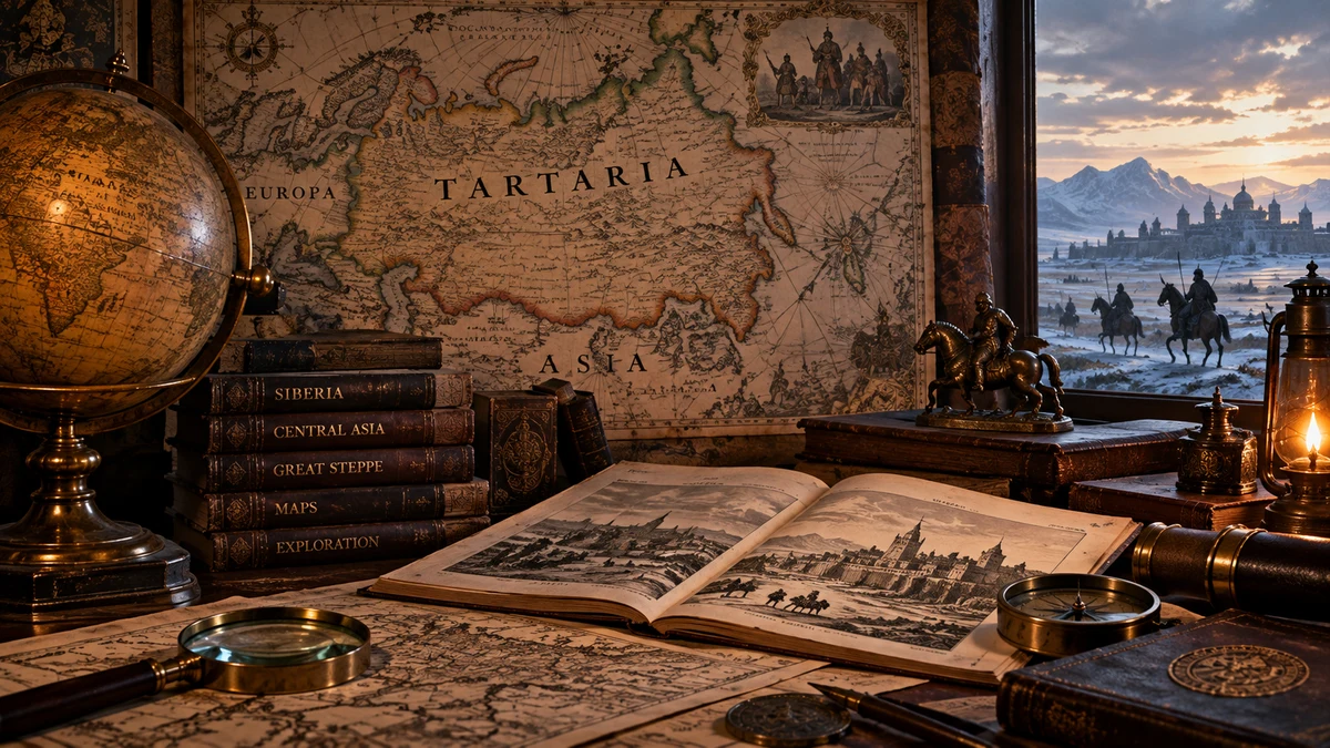 Interpretive reconstruction of a historical cartographic study with a large map of northern and central Eurasia, atlases, a globe and steppe riders visible beyond the window.