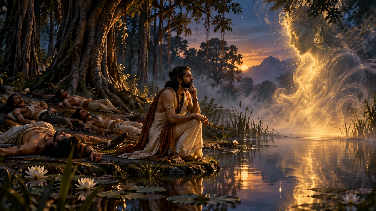 Interpretive illustration of Yudhishthira beside the lake, his four motionless brothers and a luminous Yaksha figure in the forest at sunset.