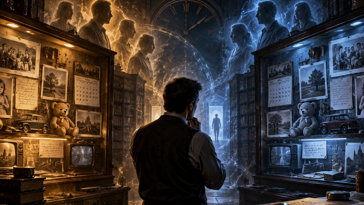 Interpretive illustration of a memory archive split into two colour versions of the same space, with photographs and a distant passage.