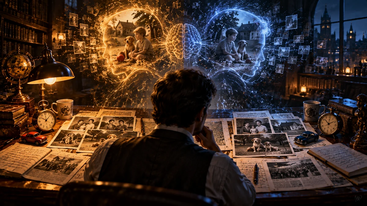 Interpretive illustration of a researcher facing two different reconstructions of the same childhood memory, with photographs, a brain motif and imagery of time.