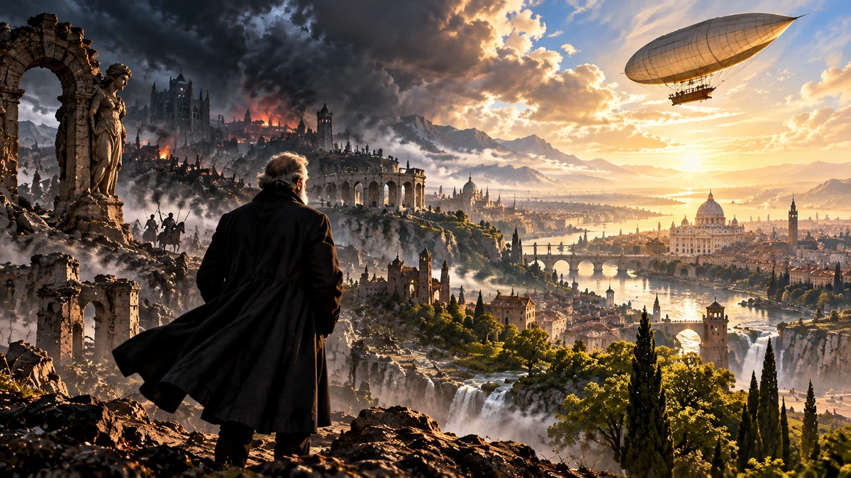 A cinematic scene shows an older poet on a rocky overlook between dark war-torn ruins and a luminous city at dawn, with an airship rising toward the light.