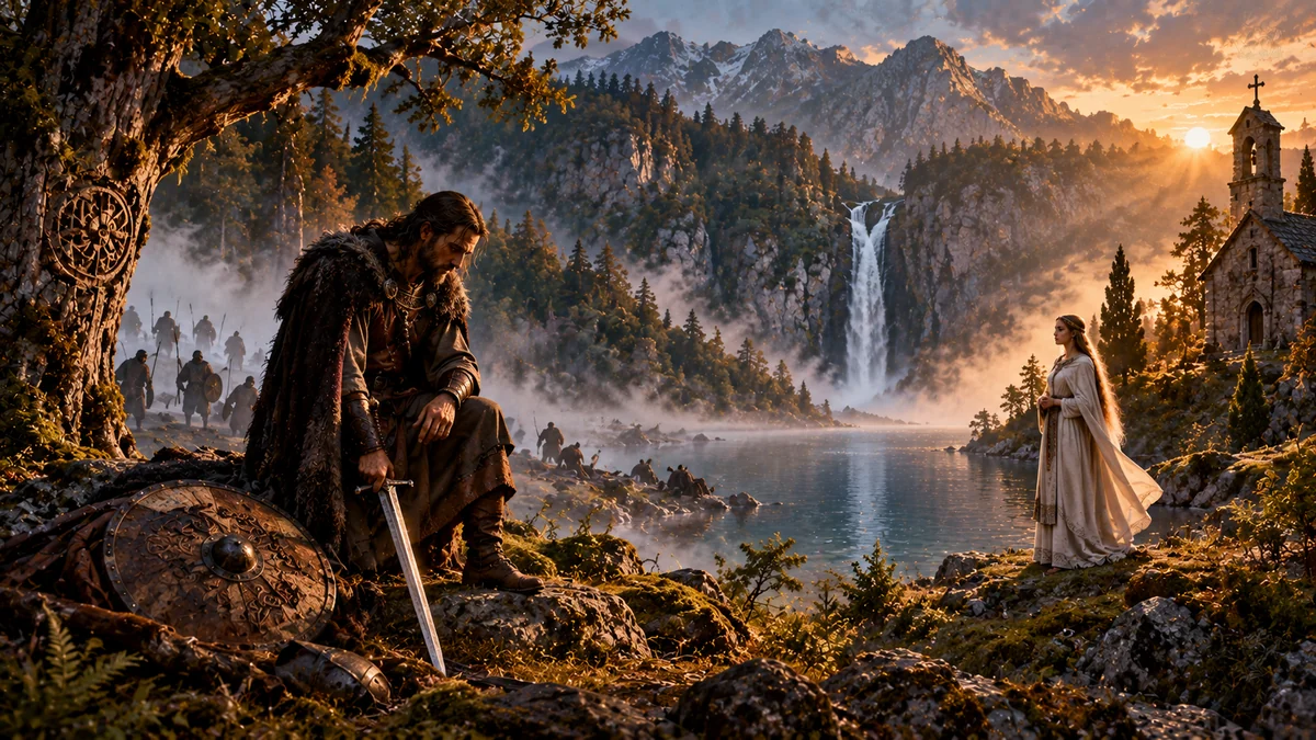 Črtomir and Bogomila in a symbolic scene at Savica between the old warrior world and Christian transformation.