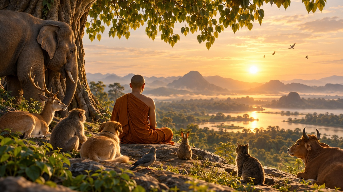 Menih meditira ob sončnem zahodu med živalmi, ki mirno počivajo okoli njega.