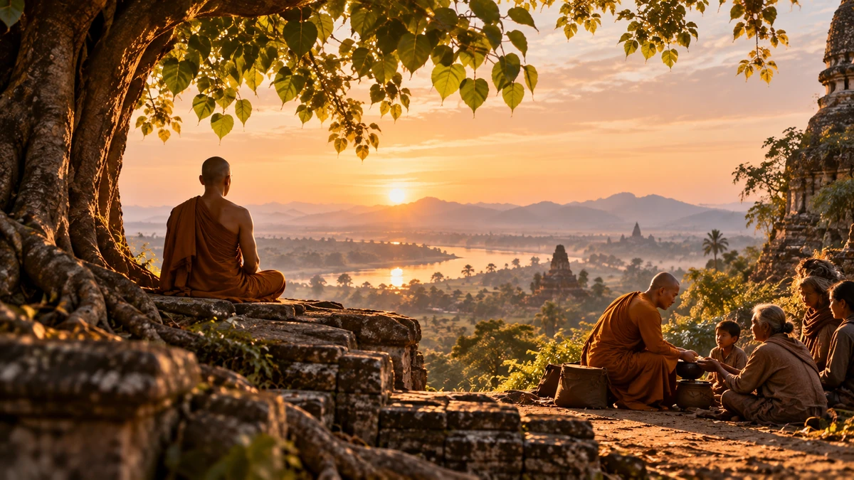 En menih meditira pod drevesom, drugi pa ob bližnji poti deli hrano skupini laikov.
